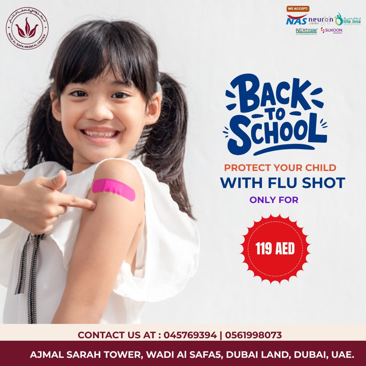 Smiling child pointing at flu shot bandage on arm – Back to School Flu Vaccination at Wadi Al Safa Medical Center, Ajmal Sarah Tower, Wadi Al Safa 5, Dubai Land, Dubai, UAE. Protect your child with flu vaccine for only 119 AED. Call 045769394 or 0561998073. We accept NAS, Neuron, Nextcare, Lifeline, and Sukoon insurance